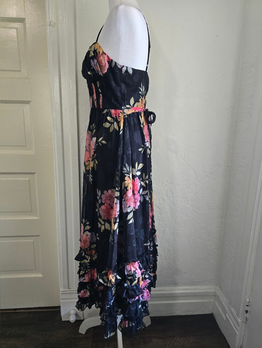NEW Lulu's Elegant Radiance Black Floral Print Ruffled Bustier Midi Dress - Picture 9 of 14
